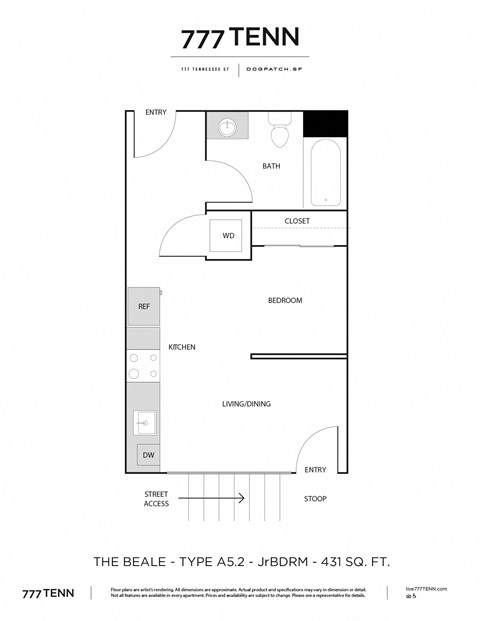 Floor plan for studio, 1 bath, 494 sqft